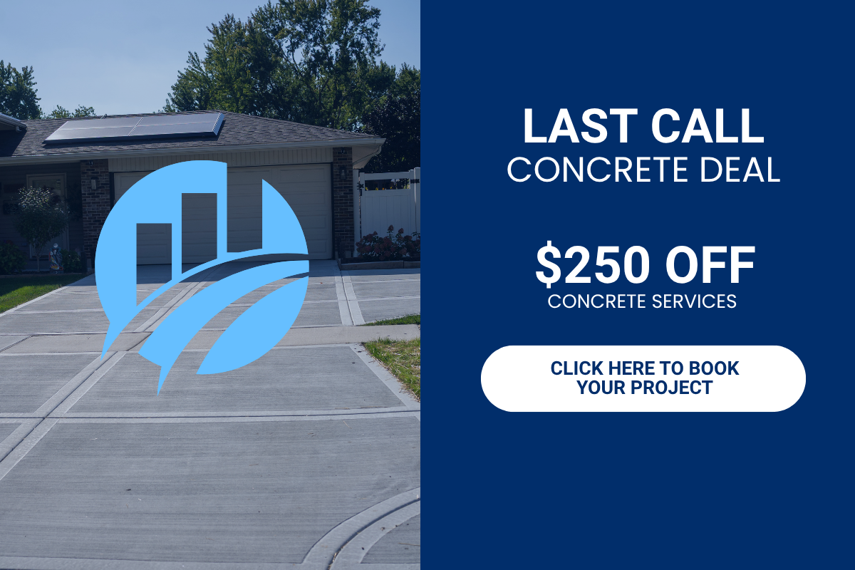 Promotional graphic for Fortis Paving showing a newly finished concrete driveway in front of a suburban home. On the right side, a bold blue panel reads: 'Last Call Concrete Deal – $250 Off Concrete Services.' Below, a white button says 'Click here to book your project.' The Fortis Paving logo is displayed over the driveway.