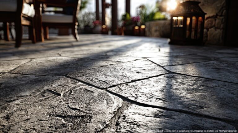 Stamped concrete patio with sealed stone texture in a residential backyard in Illinois