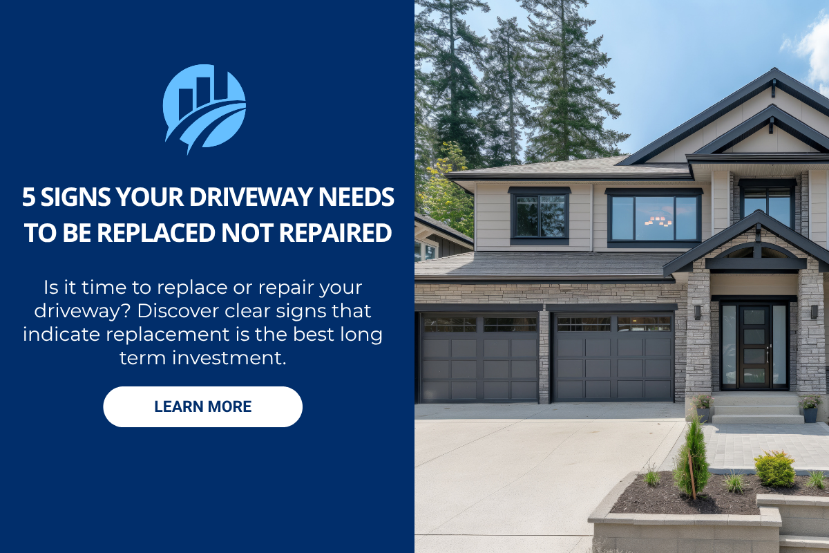 Chicago suburbs concrete driveway with graphic text explaining signs your driveway needs to be replaced not repaired.